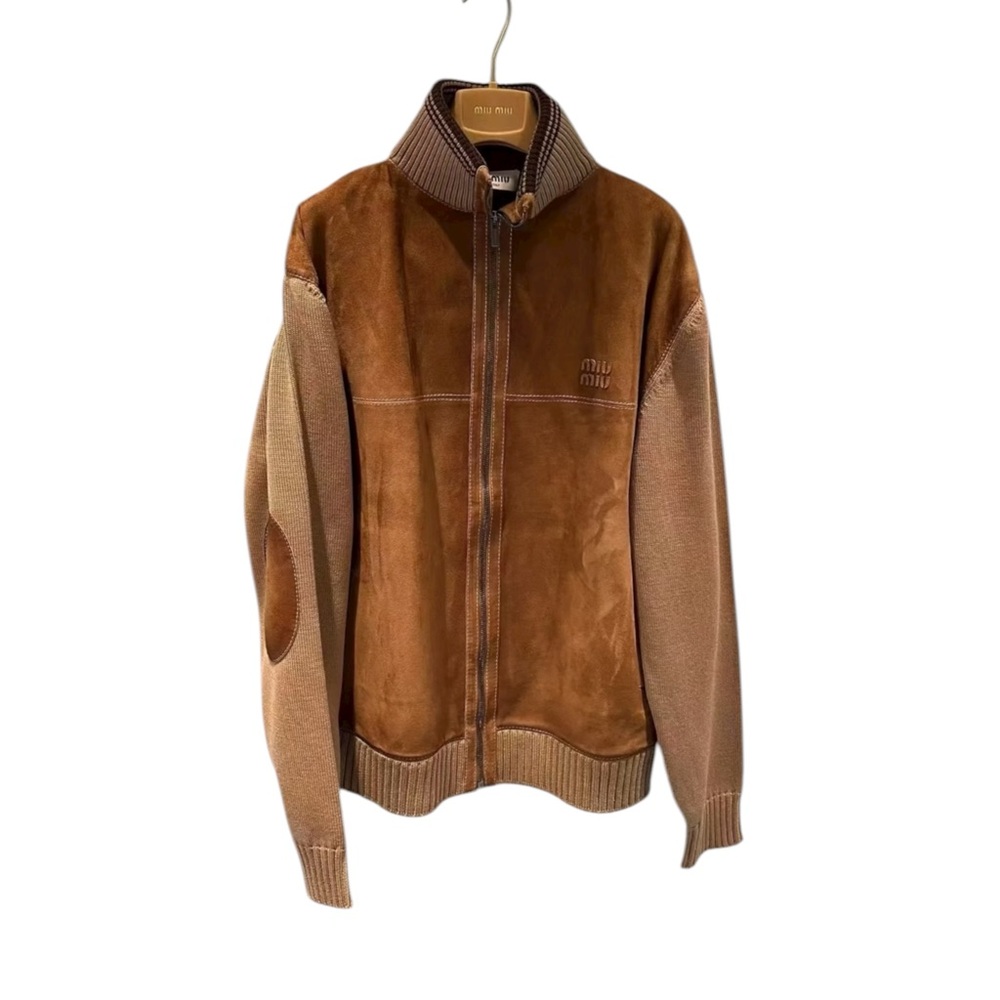 Miu Miu Brown Suede & Knit Zip-Front Jacket